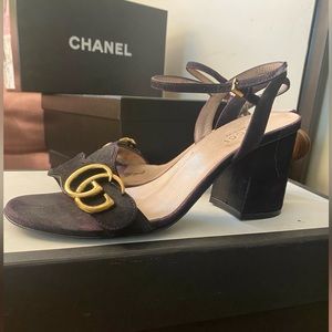 Kid Scamosciato GG Marmont Ankle Wrap Mid-Heel Sandals Shoes